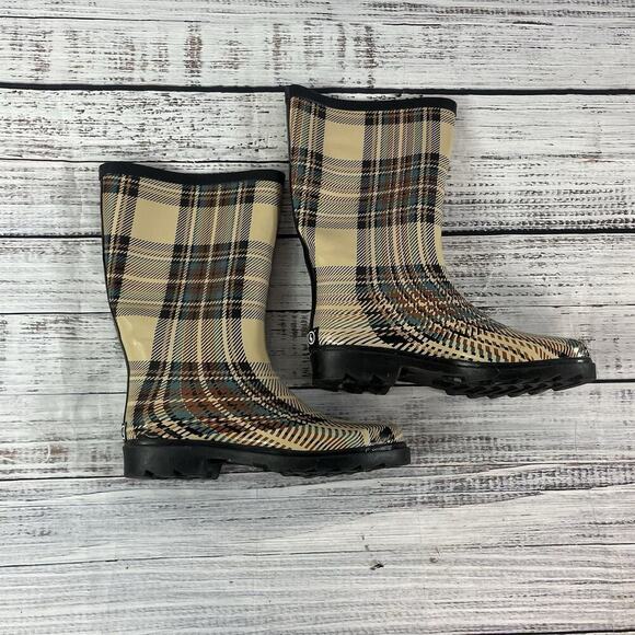 Sporto AMY Rubber Rain Duck Boots size 6 Black Tan Blue Plaid Calf Any Weather - Picture 5 of 11